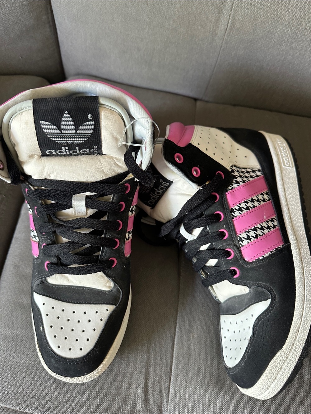 adidas Originals Black, White & Pink High-Top Sneakers with Houndstooth Trim
